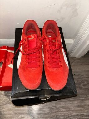 Puma Red Suede Sneakers with White Stripe